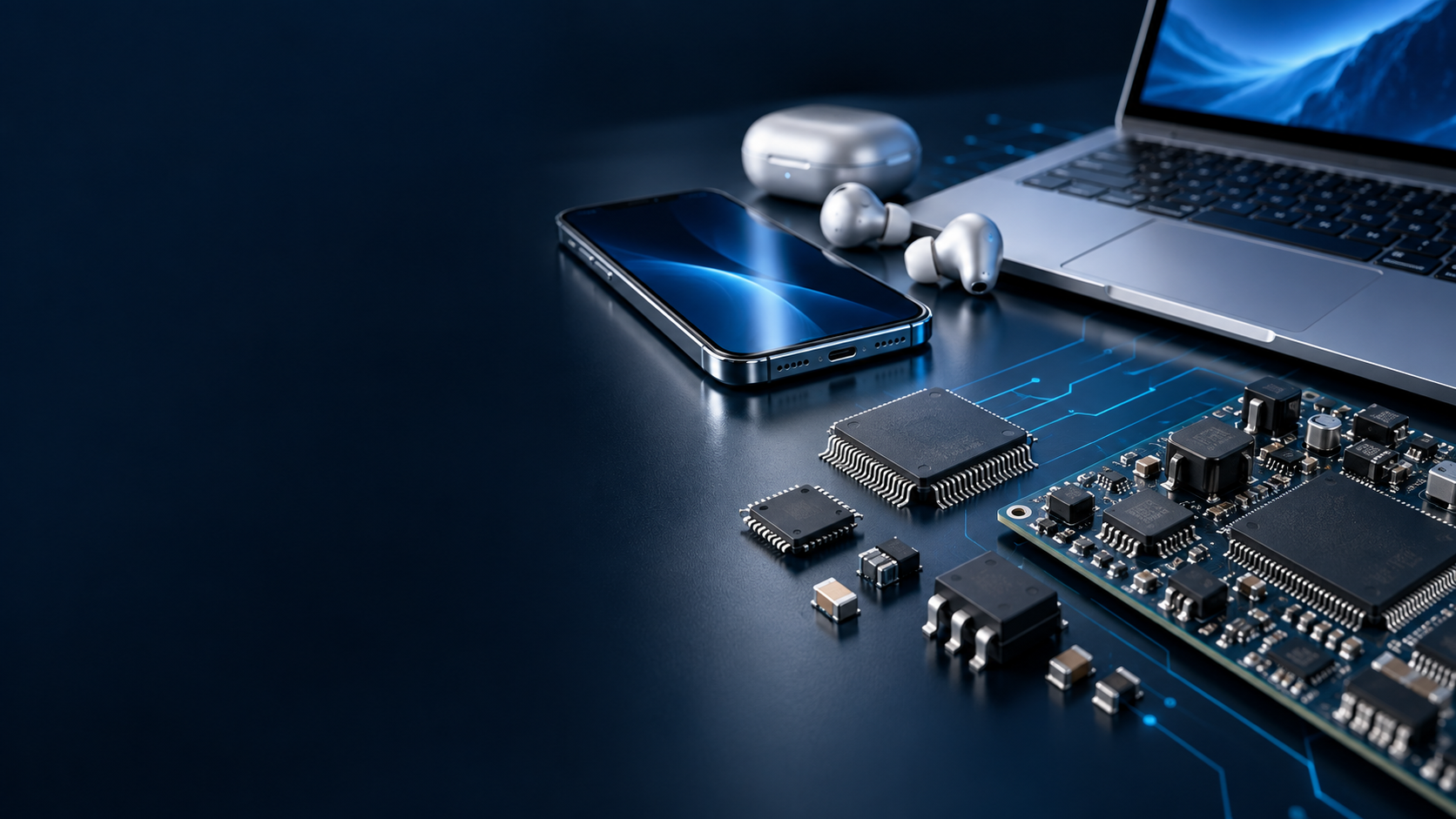 Consumer electronics: laptop, phone and earbuds still life with semiconductor packages